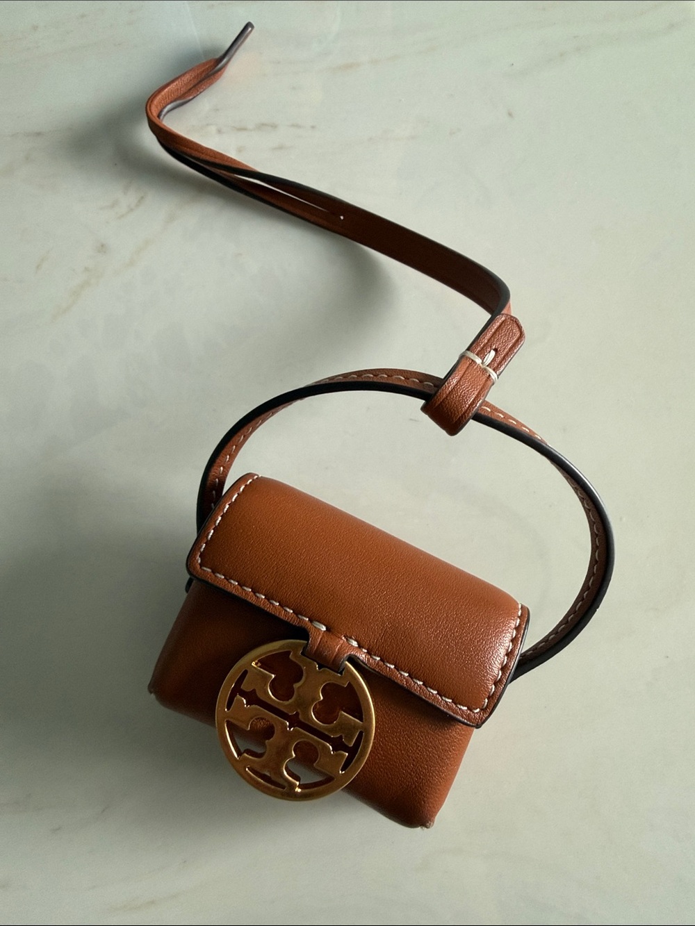 Tory Burch Tan Leather Mini IPod Pro case with Gold Logo Medallion